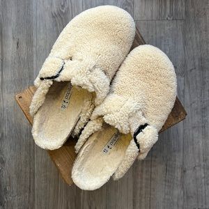 Boston Big Buckle Platform Shearling Mules